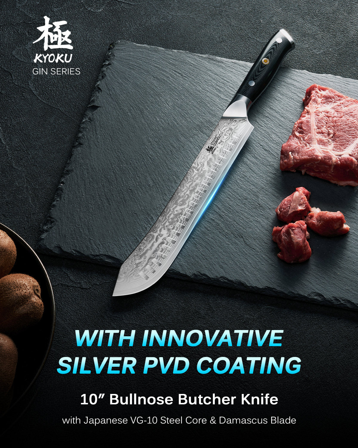 10″ Bullnose Butcher Knife VG10 Steel with Silver-ion Coating  | Gin Series