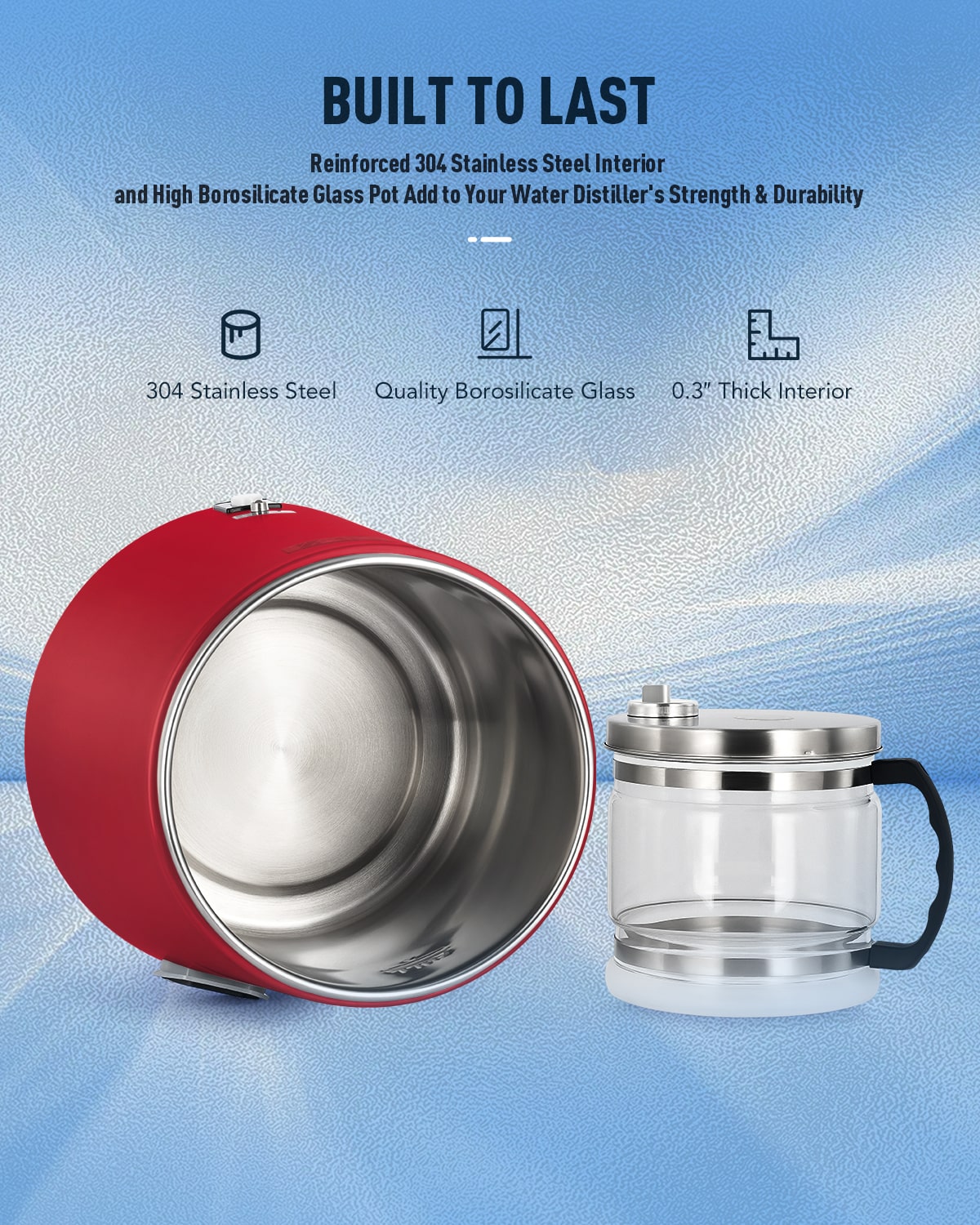 CO-Z 1.1 Gallon Water Distiller – 750W Countertop Machine with BPA-Free Glass & 4L Stainless Steel, Red