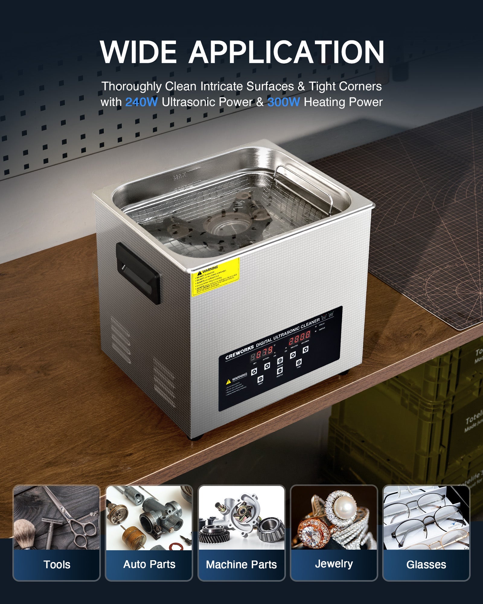 240W Ultrasonic Cleaner with Digital Timer and 300W Heating Power 40kHz, 10L