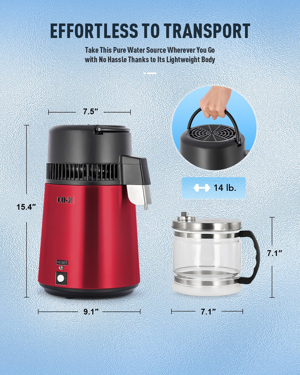 CO-Z 1.1 Gallon Water Distiller – 750W Countertop Machine with BPA-Free Glass & 4L Stainless Steel, Red