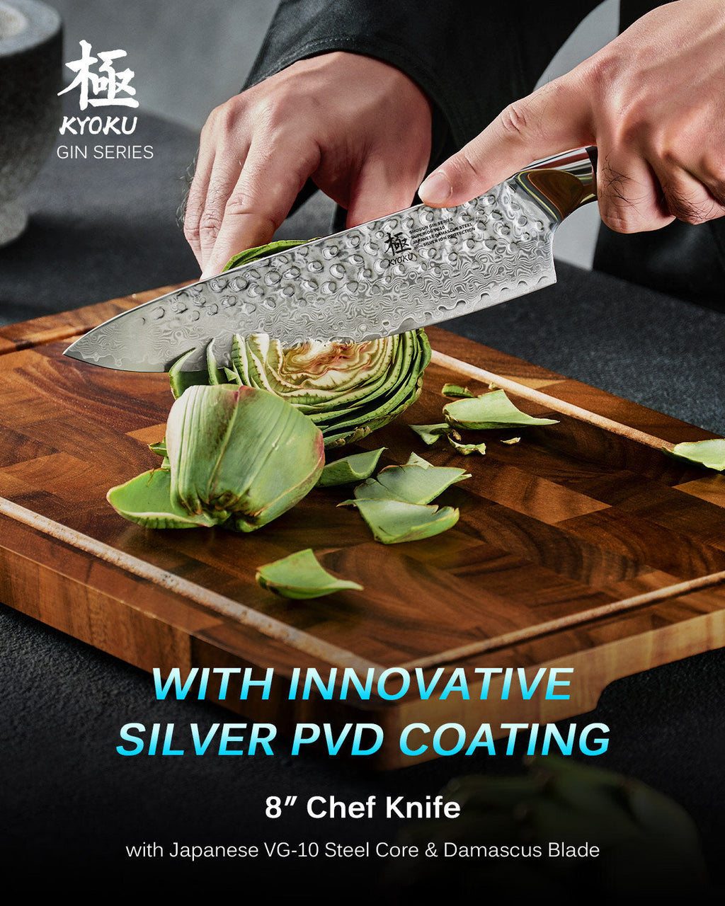 8" Gyuto Chef Knife VG10 Damascus Steel Silver-ion Coating | Gin Series