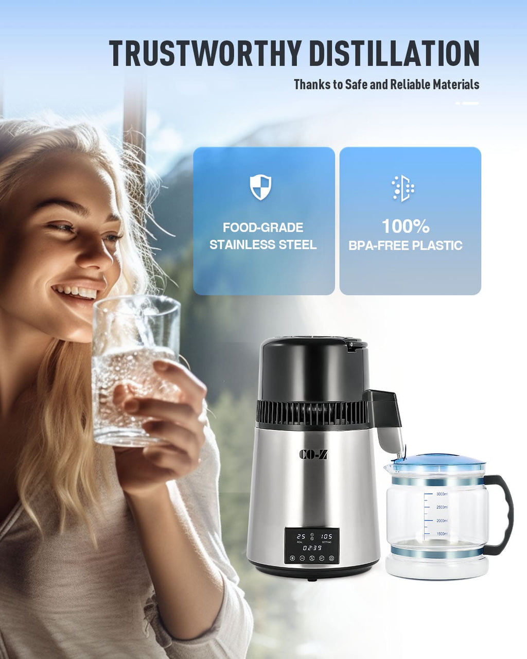 CO-Z 1.1 Gallon Water Distiller, 1750W with Glass Container, Dual Temp Display & Timer, 4L Stainless Steel