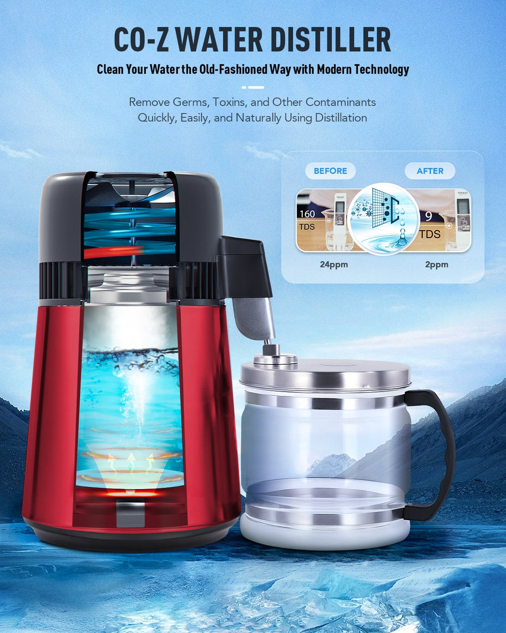 CO-Z 1.1 Gallon Water Distiller – 750W Countertop Machine with BPA-Free Glass & 4L Stainless Steel, Red