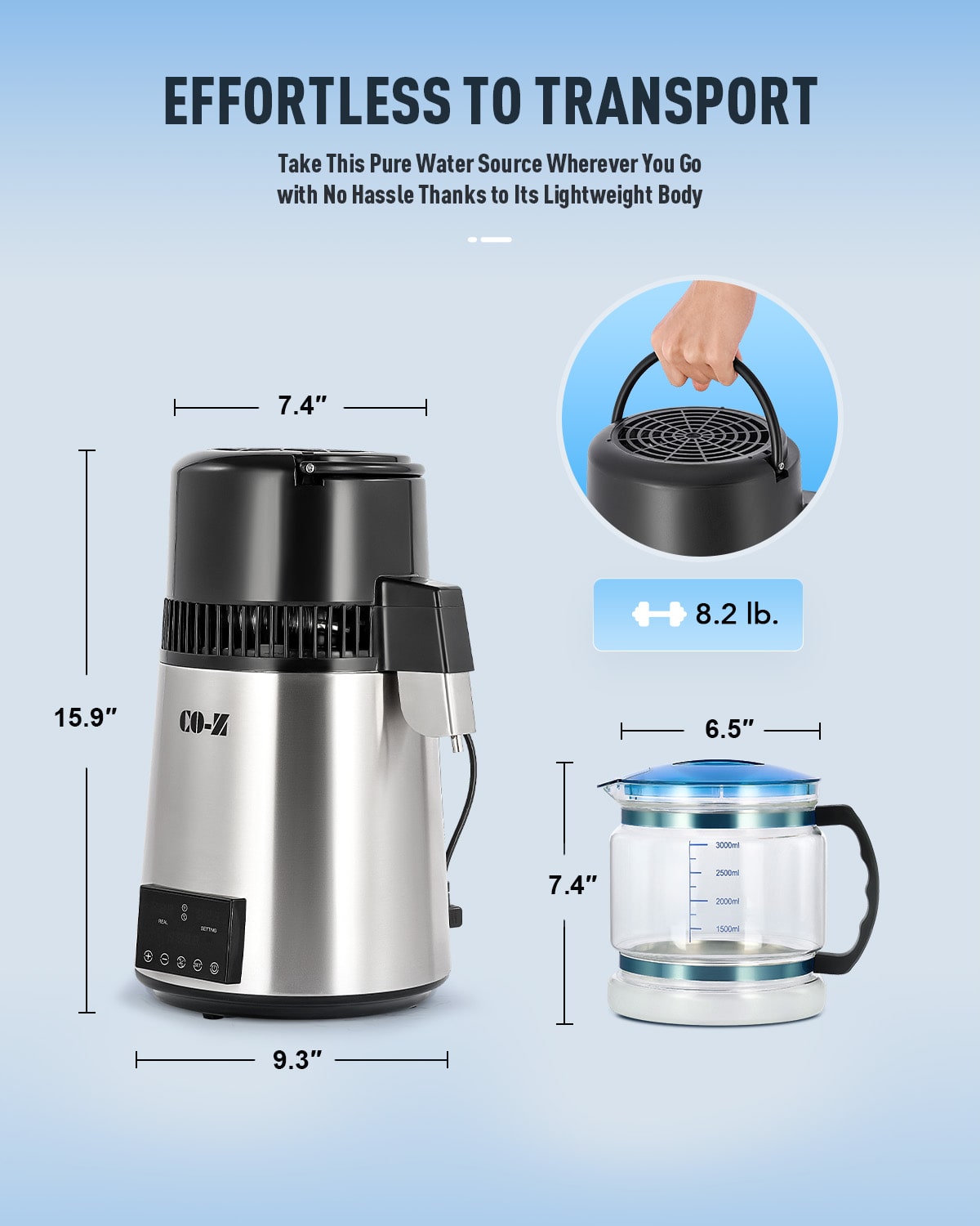 CO-Z 1.1 Gallon Water Distiller, 1750W with Glass Container, Dual Temp Display & Timer, 4L Stainless Steel