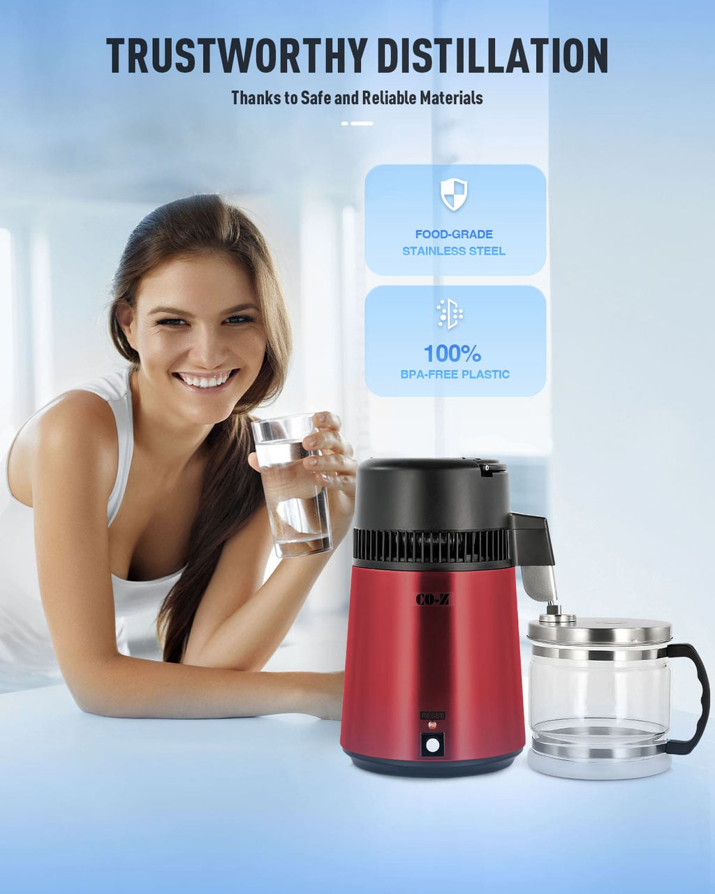 CO-Z 1.1 Gallon Water Distiller – 750W Countertop Machine with BPA-Free Glass & 4L Stainless Steel, Red