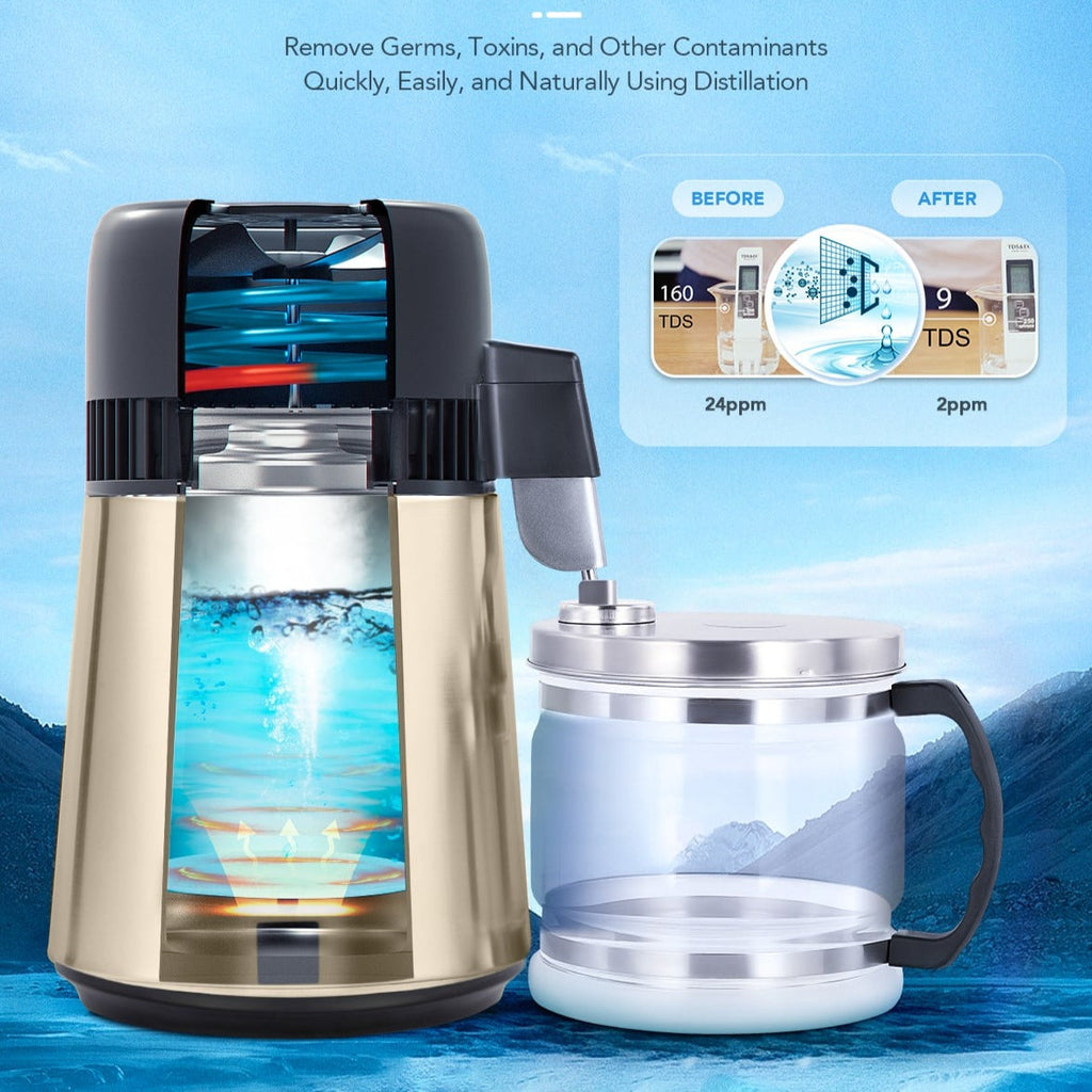 CO-Z 1.1 Gallon Water Distiller, 750W Countertop, BPA-Free Glass & 4L Stainless Steel (Gold)