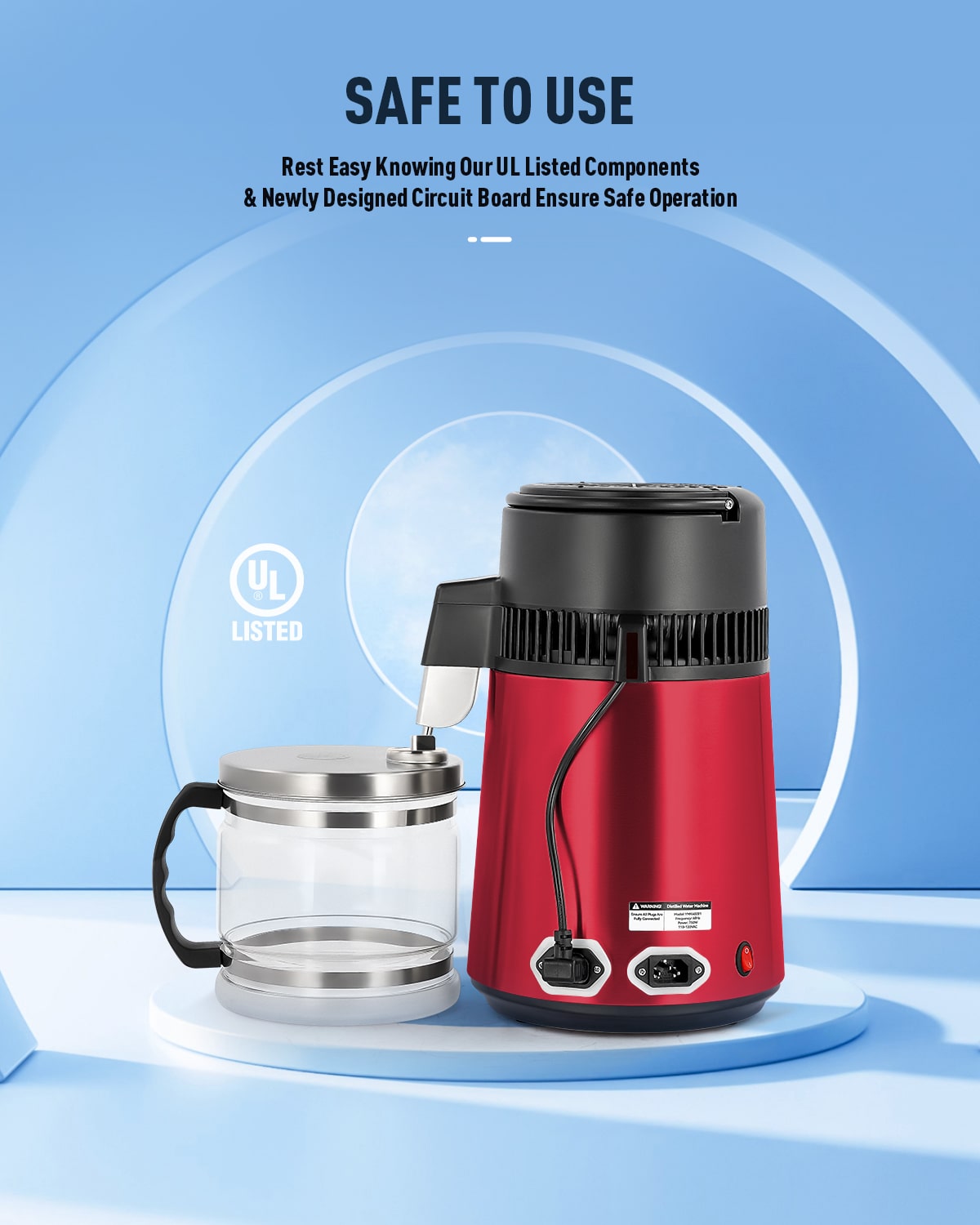 CO-Z 1.1 Gallon Water Distiller – 750W Countertop Machine with BPA-Free Glass & 4L Stainless Steel, Red