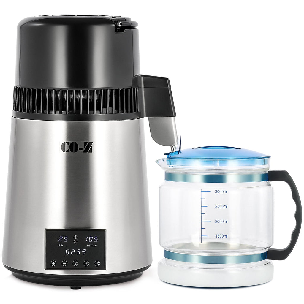 CO-Z 1.1 Gallon Water Distiller, 1750W with Glass Container, Dual Temp Display & Timer, 4L Stainless Steel