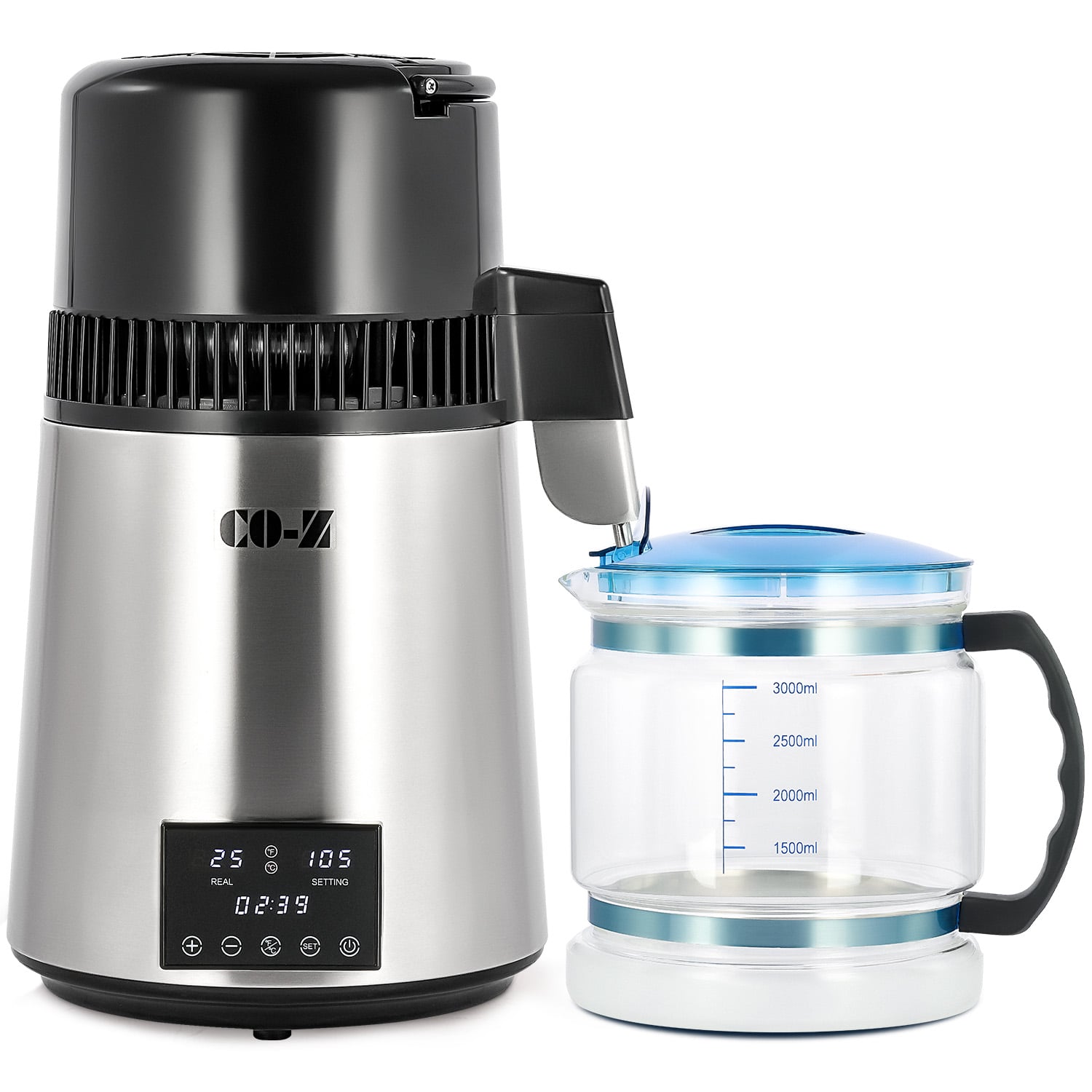 CO-Z 1.1 Gallon Water Distiller, 1750W with Glass Container, Dual Temp Display & Timer, 4L Stainless Steel