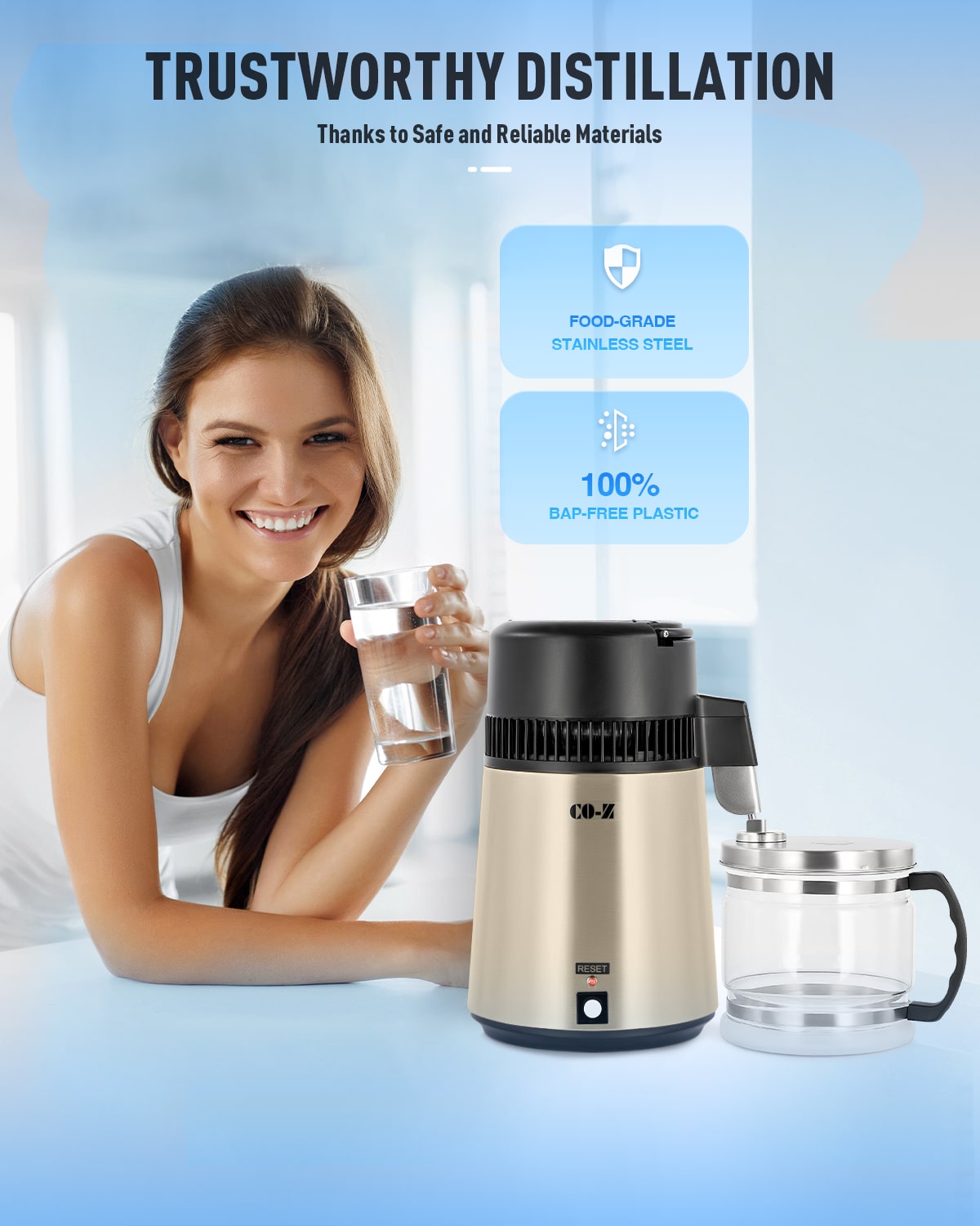 CO-Z 1.1 Gallon Water Distiller, 750W Countertop, BPA-Free Glass & 4L Stainless Steel (Gold)