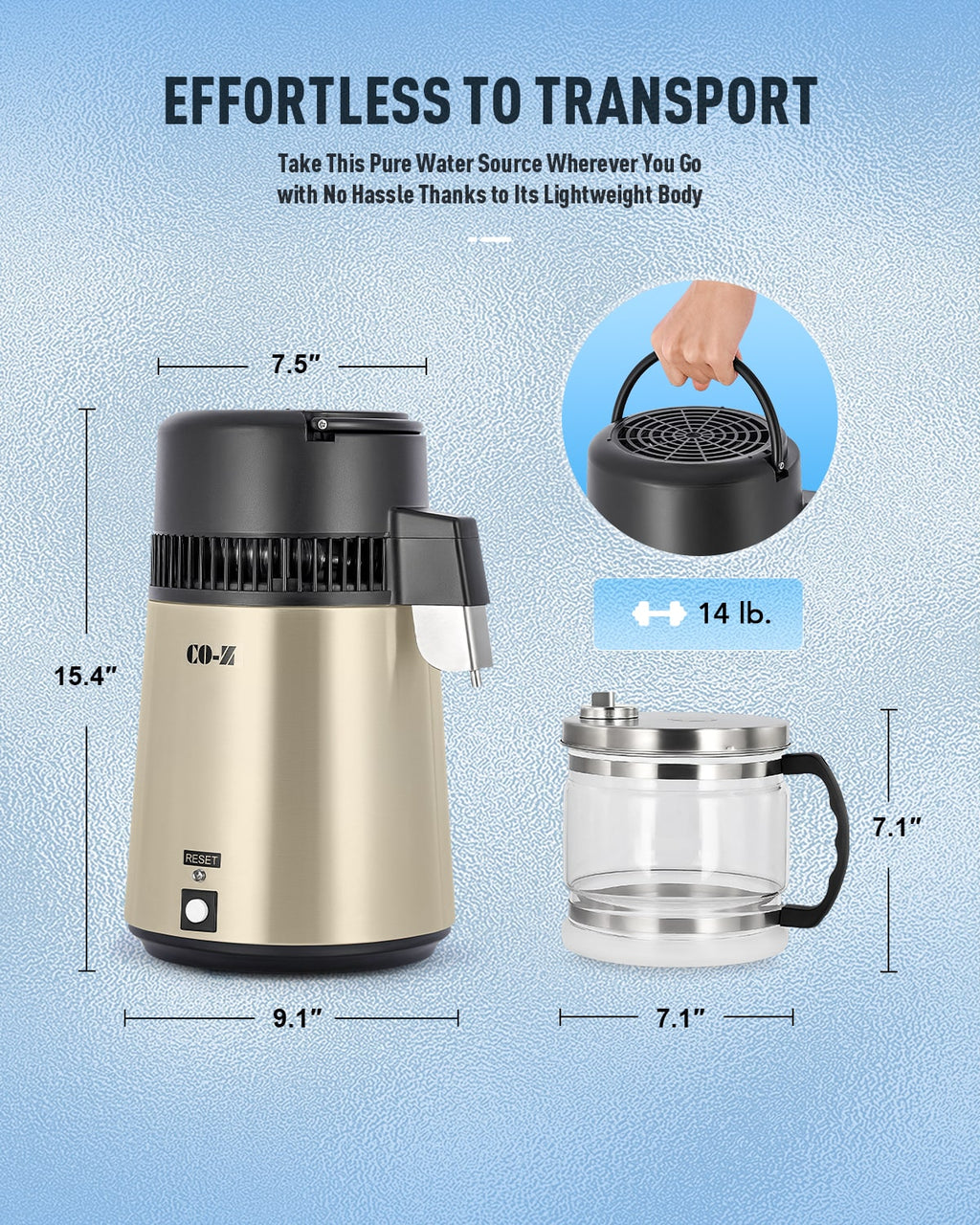 CO-Z 1.1 Gallon Water Distiller, 750W Countertop, BPA-Free Glass & 4L Stainless Steel (Gold)
